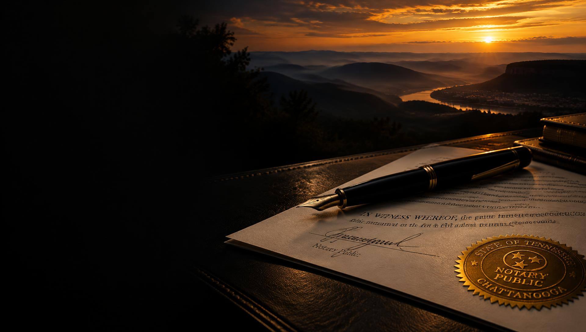 Notary pen and Tennessee notary seal overlooking Chattanooga mountains at sunset